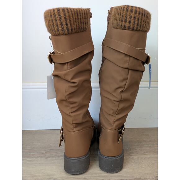 NEW Cherokee Womens Tall Boots 8 Brown Slouchy Knit Cuff Zip Buckle Lug Sole - Picture 7 of 12